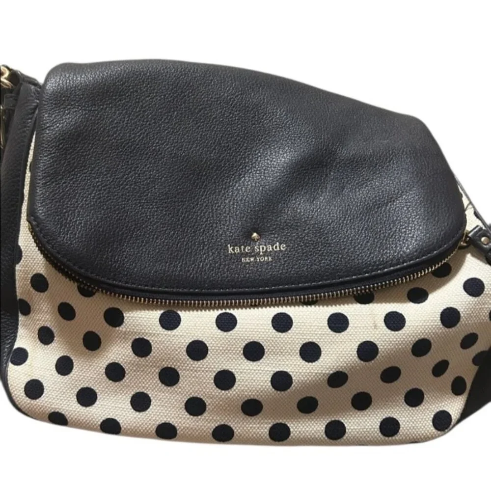 Kate‎ Spade Leather & Canvas Navy Blue And Cream White Polka Dot Shoulder Bag